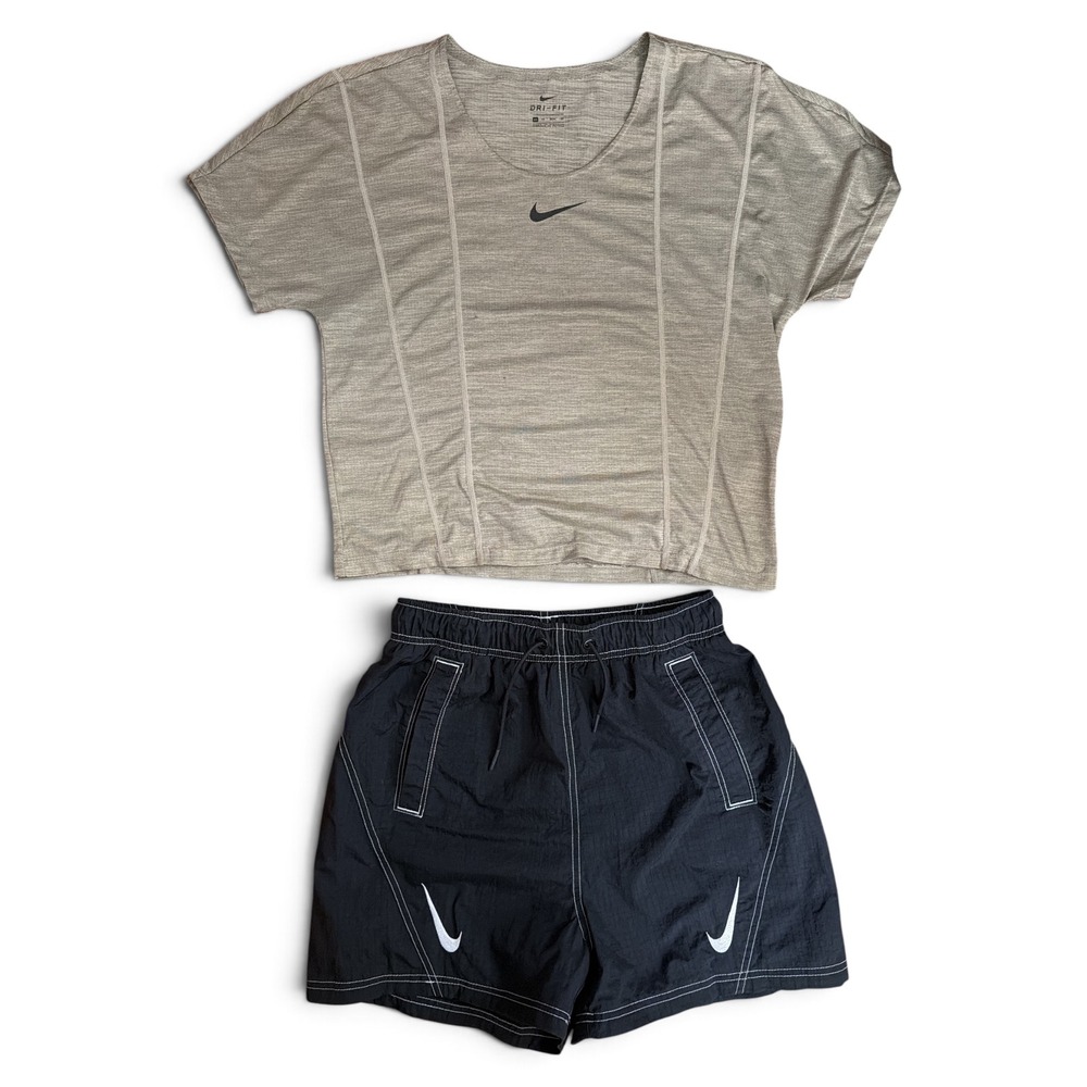 Nike Dri-FIT Womens 2 Piece Set Gray Crop Top Black Shorts XS Activewear